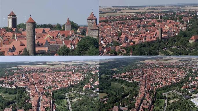 罗滕堡的城墙和塔楼-鸟瞰图-巴伐利亚，中弗兰肯行政区，兰克雷斯·安斯巴赫直升机拍摄，空中视频，cin
