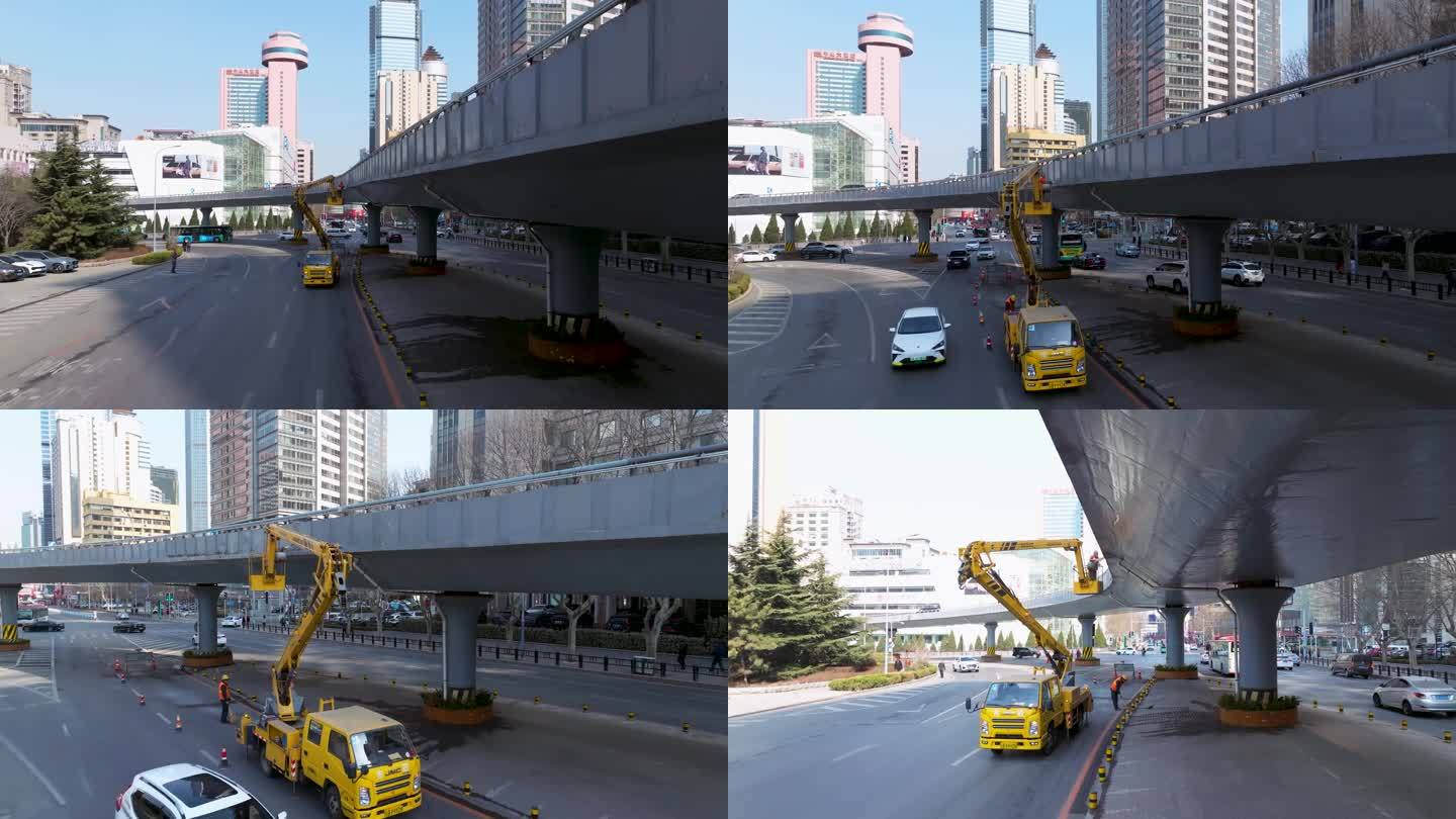 4K航拍大连城建施工高架桥修复工人