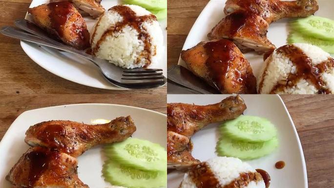 白盘烤鸡米饭碳水化物鸡肉大餐营养丰富