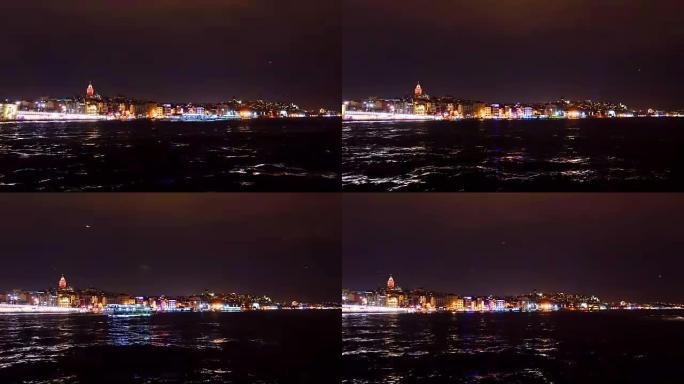 博斯普鲁斯海峡的城市高峰夜景时间流逝