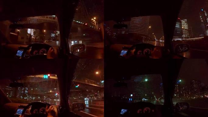 汽车在雨夜城市行驶-4K-