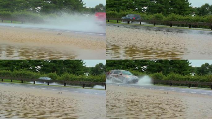 汽车在洪水中飞溅