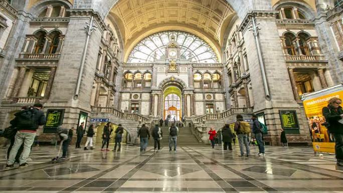 高清延时:游客步行在安特卫普中央车站比利时