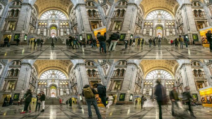 高清延时:游客步行在安特卫普中央车站比利时
