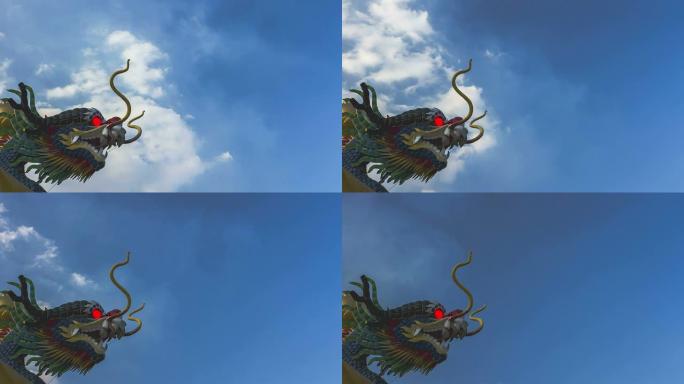 时间流逝：以移动的云朵为背景的中国龙雕塑