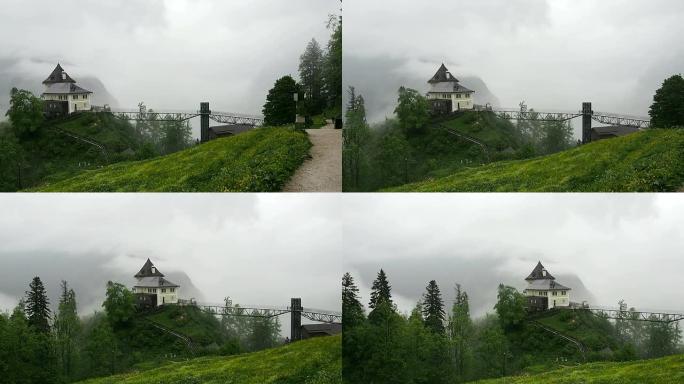 奥地利哈尔施塔特云雾缭绕山中小路别墅城堡