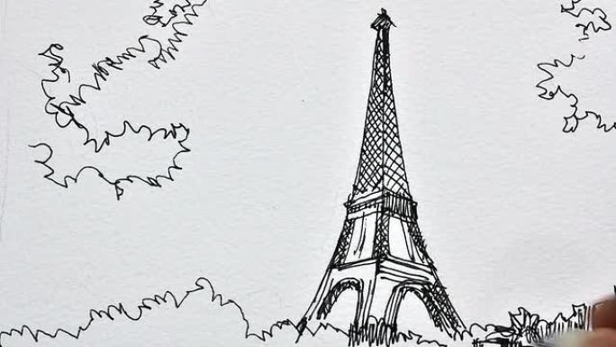 动画绘图埃菲尔铁塔位于巴黎时间-lape