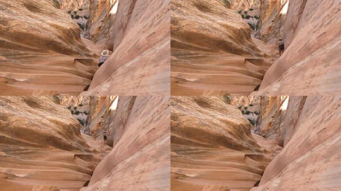 妇女攀登砂岩狭窄的峡谷BLM犹他州