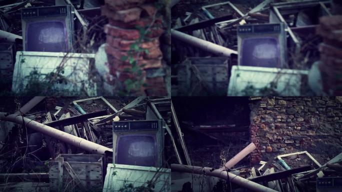 战争电影场景：破碎的电视机
