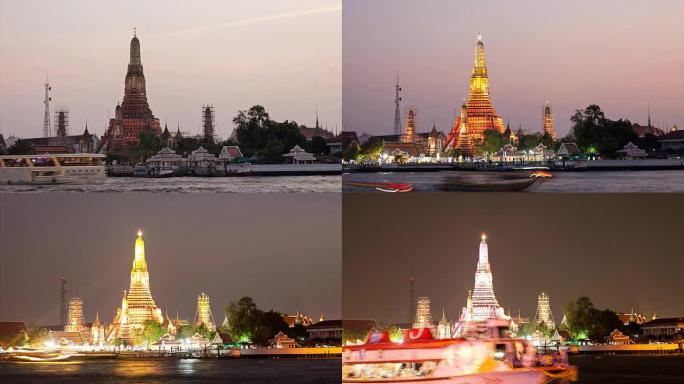 高清延时白天到晚上：Wat Arun傍晚到天黑。河上的船只交通（缩小）