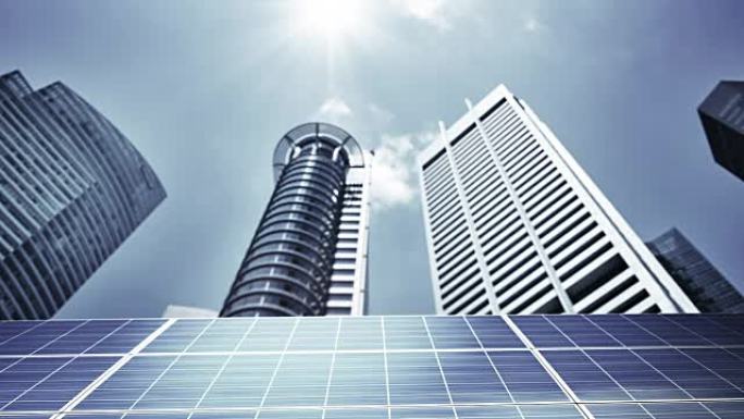 概念太阳能电池板和商业城市