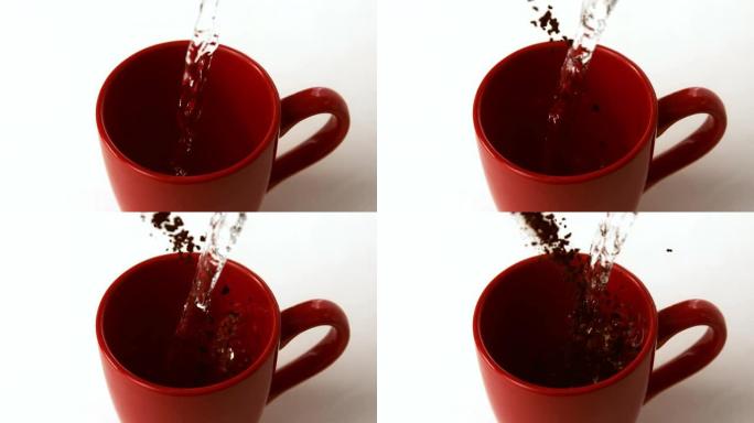 咖啡颗粒和水进入红色杯子