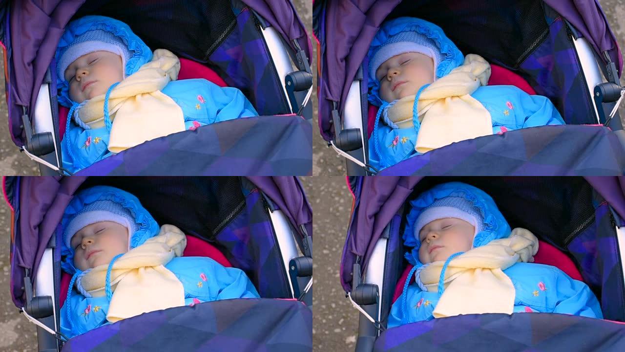 婴儿在户外的马车上睡觉