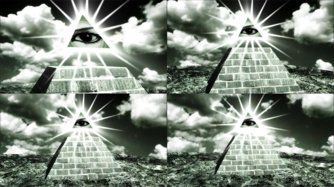 顶端有一只眼睛的金字塔，一个美元符号