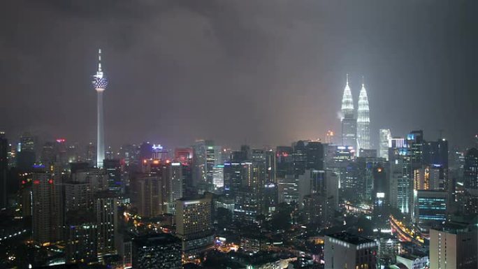 夜间暴风雨中的吉隆坡天际线