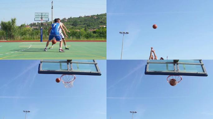 高清: 篮球运动员表演跳投和盖帽的Slo-Mo视频