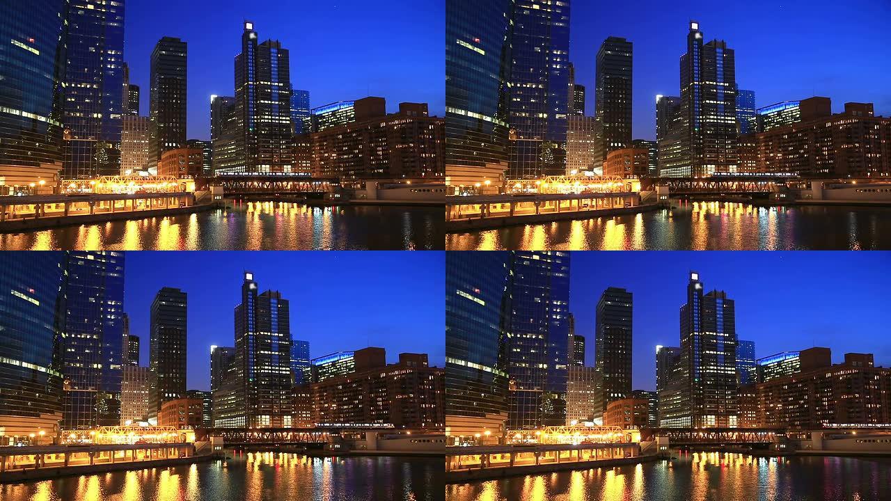 高清: 芝加哥天际线美国沿河城市景观