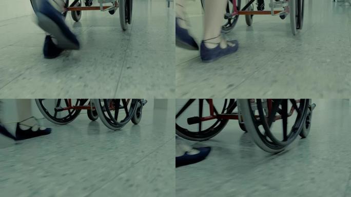 穿着芭蕾平底鞋的女人滚动空轮椅