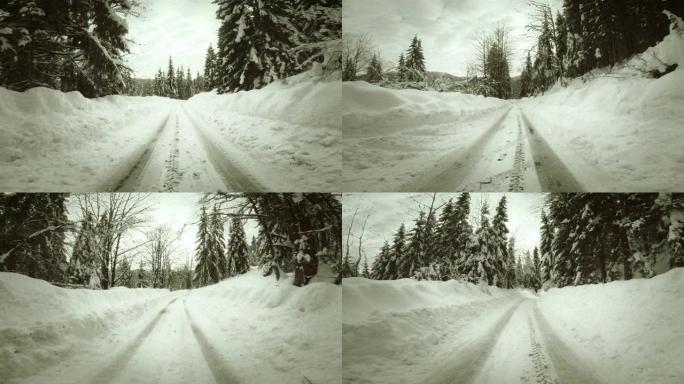 在雪地里开车的复古镜头