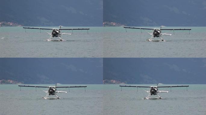 单螺旋桨漂浮飞机起飞前滑行过湖面