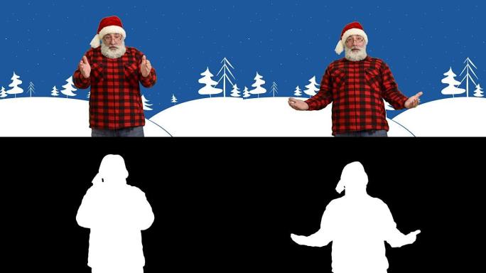 成人高级胡须男子在冬季主题的卡通背景上展示帽子中的复制空间圣诞老人