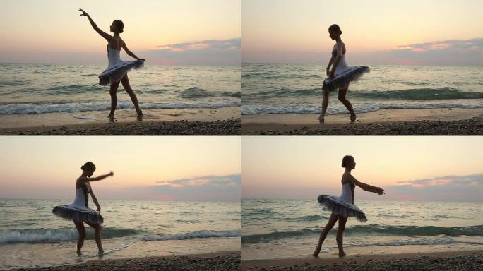 芭蕾舞女演员在夜海岸跳舞