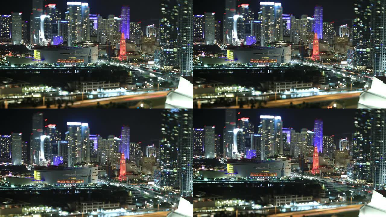 迈阿密天际线夜景灯火车流金融中心城市