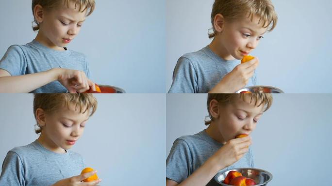 男孩吃桃子，特写鲜果补充维生素酸酸甜甜