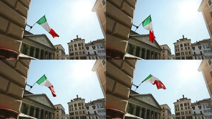 意大利国旗和罗马的万神殿
