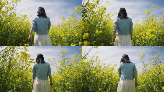 白裙美女田间慢步踏青春游亲近自然微风拂面