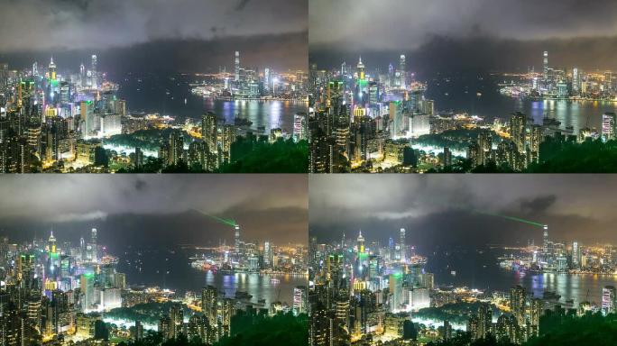 全景天际线，照亮香港现代建筑。时间流逝。高天使景观。