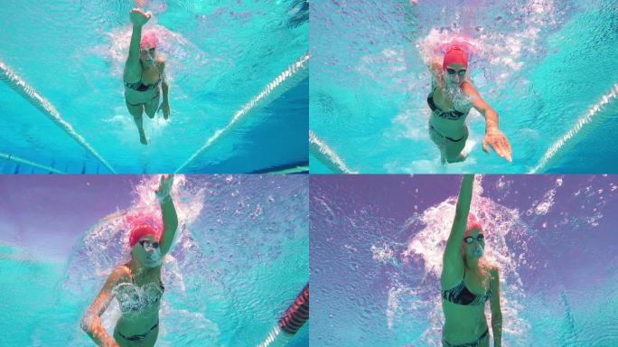 高清超级慢镜头：女子游泳前爬行的水下镜头