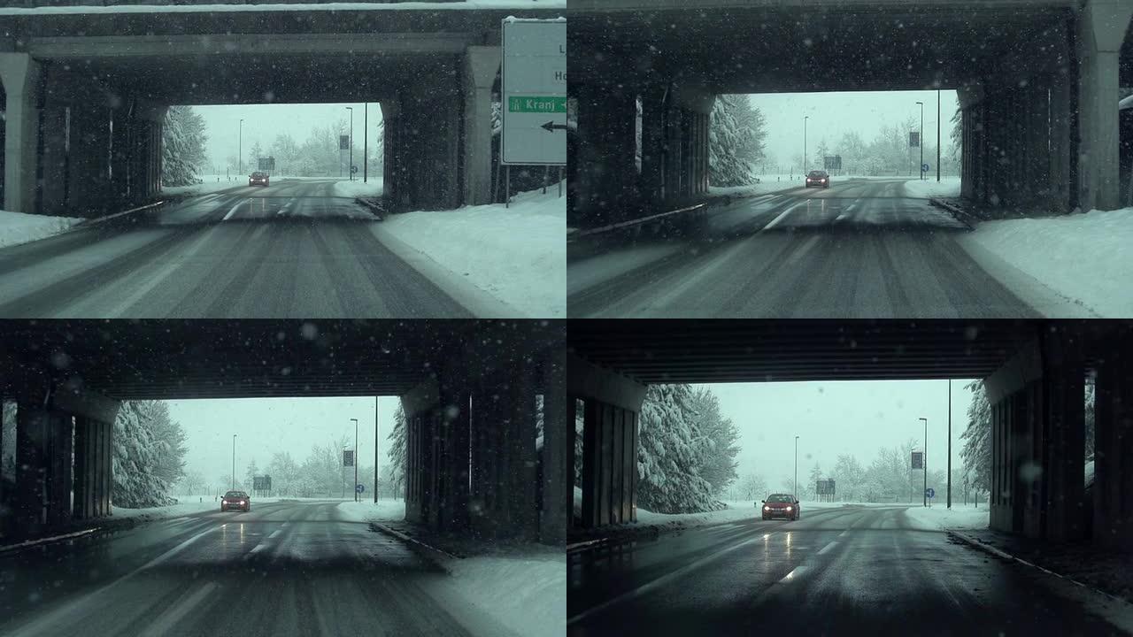 汽车在雪地里行驶-慢速运动