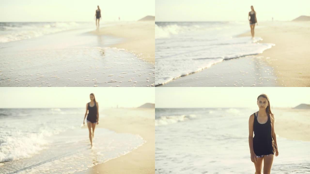 在阳光明媚的夏日里，十几岁的女孩在沙滩上散步