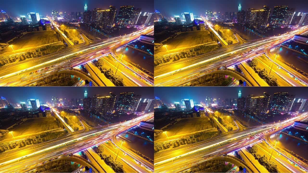 夜间杭州的天际线，交通和城市景观，延时