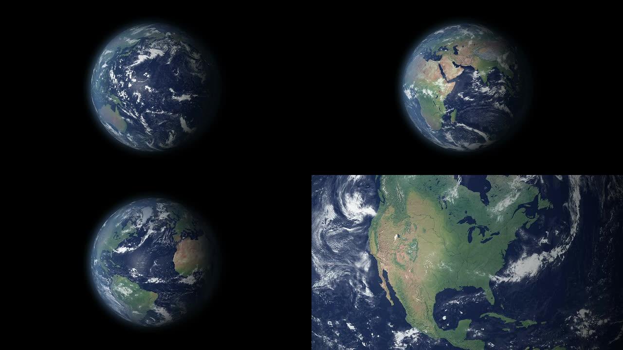 以美国大陆为中心的地球360度旋转和变焦