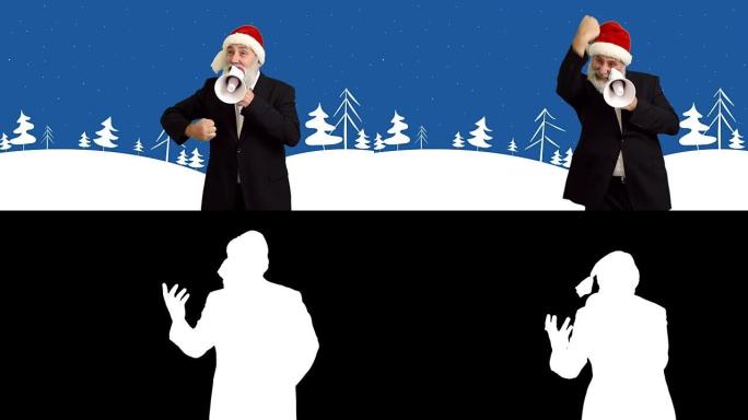 成人高级胡须男子在冬季主题的卡通背景上戴着帽子的圣诞老人用扩音器展示复制空间