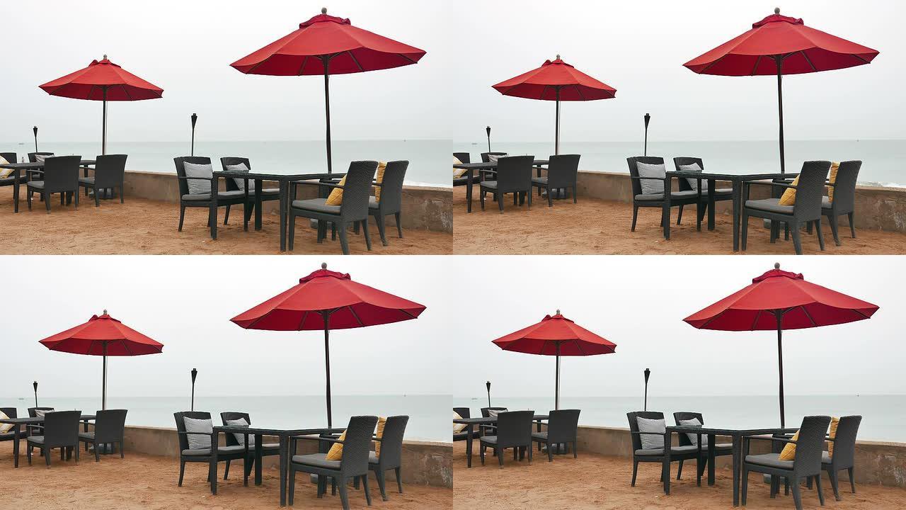 桌子、沙滩和椅子海岸线岸边休闲
