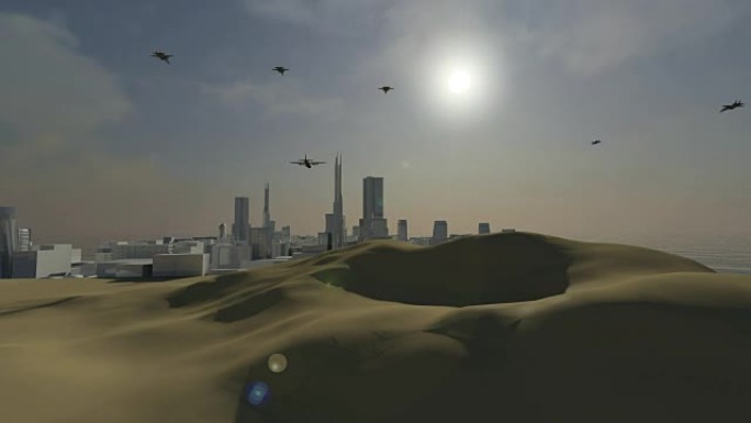 战斗机攻击沙漠中的一座城市