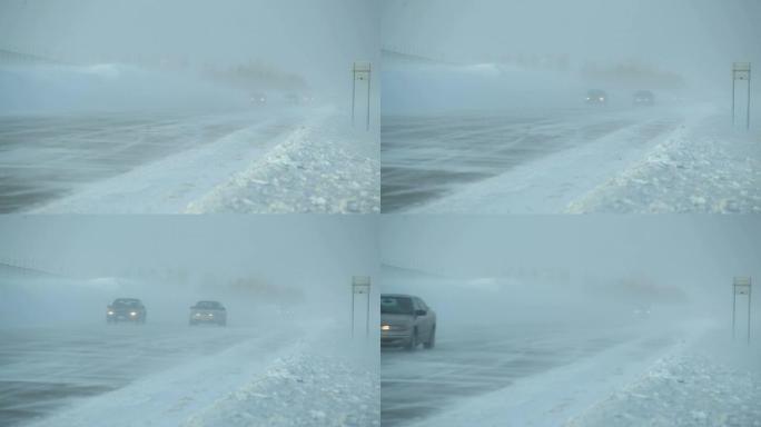 冬季暴雪，高速公路和车辆上飘雪