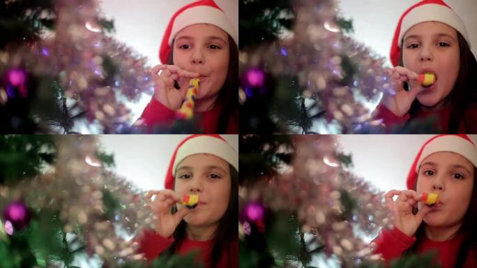 带吹喇叭的小女孩圣诞帽西方节庆亮晶晶