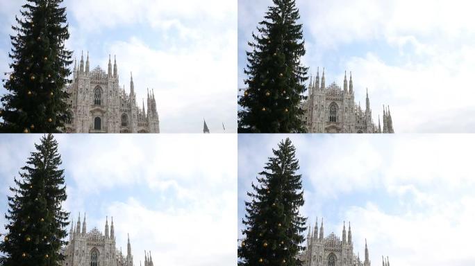 意大利米兰大教堂前的圣诞树向上摇动