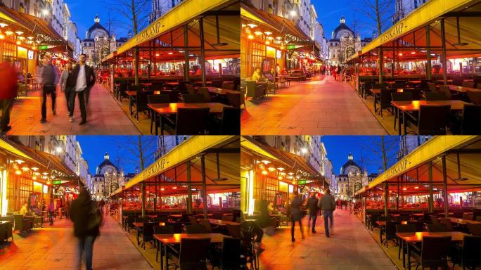 高清延时缩小: 夜生活城市行人安特卫普中央车站比利时