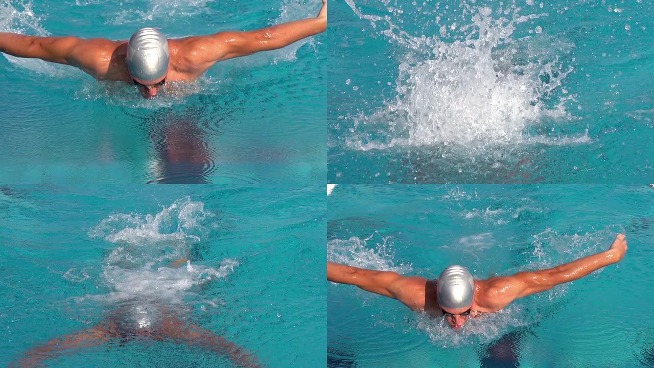 高清：少年练习蝶泳的超级慢镜头