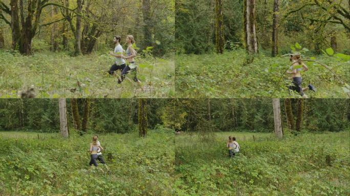 一对健康的情侣一起在森林小径上奔跑