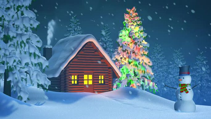 夜晚冬季景观中的小屋、圣诞树和雪人