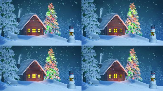 夜晚冬季景观中的小屋、圣诞树和雪人