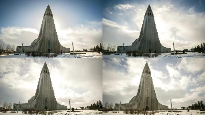 高清延时：冰岛雷克雅未克Hallgrimskirkja大教堂的行人