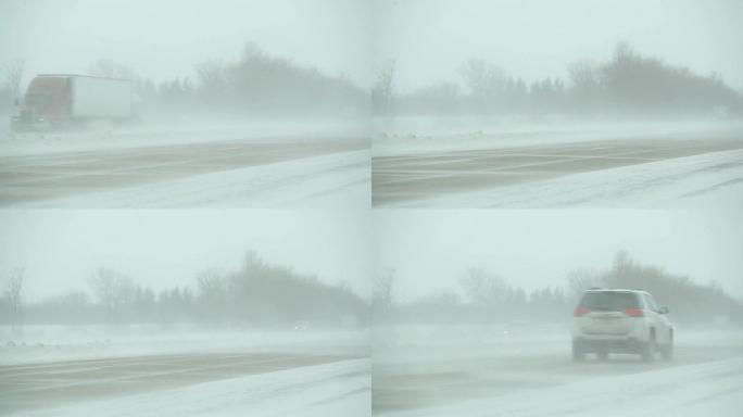 冬季暴雪，高速公路和车辆上飘雪