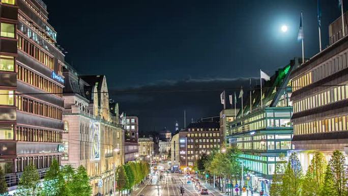 高清延时：斯德哥尔摩的城市街道月亮